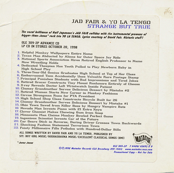 Jad Fair & Yo La Tengo - Minnesota Man Claims Monkey Bowled Perfect Game