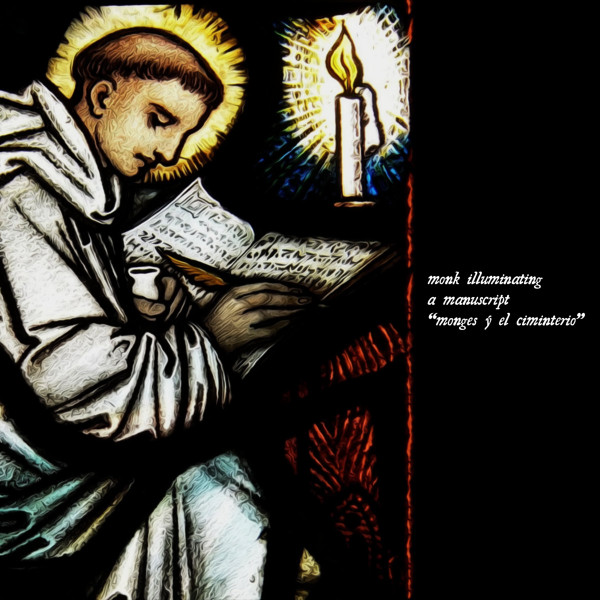 monk illuminating a manuscript - "an angel of the lord went down into the pool, and the water was troubled; and he who first after the troubling of the water went down into the pool was healed of whatsoever disease he was holden"